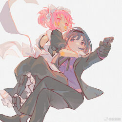 2girls aiming akemi_homura alternate_costume back_bow back_cutout bare_back black_dress black_hairband black_jacket black_pants black_ribbon black_shoes black_suit blazer bow chinese_commentary closed_mouth clothing_cutout collared_jacket collared_shirt commentary_request crossdressing crossed_legs dress dress_pants dress_shoes enmaided expressionless floating_clothes foot_out_of_frame formal_clothes frilled_dress frilled_gloves frills full_body gloves grey_background grey_hair grey_shoes gun hair_bow hairband hand_on_another&#039;s_shoulder handgun highres holding holding_gun holding_weapon jacket kaname_madoka kneeling lapels layered_sleeves light_blush long_dress long_sleeves mahou_shoujo_madoka_magica mahou_shoujo_madoka_magica_(anime) maid maid_headdress moieko multiple_girls neck_ribbon open_mouth outstretched_arm pants pantyhose parted_lips pink_eyes pink_hair puffy_short_sleeves puffy_sleeves purple_eyes purple_shirt ribbon shirt shoes short_hair short_sleeves short_twintails shoulder_blades simple_background sitting sitting_on_lap sitting_on_person suit twintails watermark weapon weibo_watermark white_bow white_gloves white_pantyhose