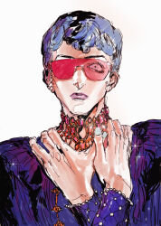 1boy absurdres blue_hair commentary ghiaccio highres jewelry jojo_no_kimyou_na_bouken necklace red-tinted_eyewear short_hair simple_background solo tinted_eyewear tixili vento_aureo white_background