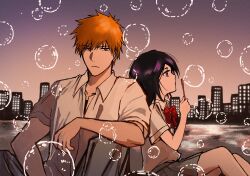 Rule 34 | 1boy, 1girl, black hair, bleach, blowing bubbles, bow, bowtie, bubble wand, cityscape, grey skirt, highres, karakura high school uniform, kuchiki rukia, kurosaki ichigo, orange eyes, orange hair, purple eyes, red bow, red bowtie, school uniform, shirt, sitting, skirt, spiked hair, star (sr67305775), white shirt