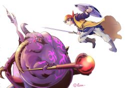 Rule 34 | 2boys, asymmetrical dual wielding, bandana, bat wings, black facial hair, black horns, blue shirt, blurry, boots, brown boots, brown hair, colored sclera, colored skin, commentary request, depth of field, dragon quest, dragon quest viii, dual wielding, facial hair, fat, fat man, fighting, floating clothes, floating hair, glowing, glowing eyes, hero (dq8), highres, holding, holding shield, holding staff, holding sword, holding weapon, horns, jacket, mage staff, multiple boys, no pupils, open mouth, orange bandana, pants, pointy ears, profile, purple skin, red sclera, rhapthorne, shey93735903, shield, shirt, short hair, sleeveless, sleeveless jacket, sleeves rolled up, staff, sword, weapon, white background, white pants, wings, yellow jacket