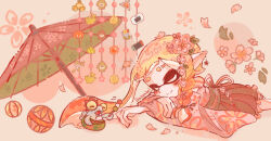 Rule 34 | 1girl, cherry blossoms, clam shell, closed eyes, closed mouth, commentary request, crab tank (splatoon), dango, eyebrow cut, flower, food, game console, golden egg (splatoon), hair flower, hair ornament, highres, ikasenbei 414, ink storm (splatoon), inkling, inkling girl, inkling player character, japanese clothes, kimono, long hair, lying, nintendo, nintendo switch, on stomach, pink flower, pointy ears, power egg (splatoon), rainmaker (splatoon), sleeping, smallfry (splatoon), splat bomb (splatoon), splatoon (series), splatoon 3, tentacle hair, torpedo (splatoon), umbrella, wagashi, white background, wii u, zipcaster (splatoon)