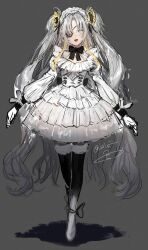1girl alternate_costume black_bow black_bowtie black_thighhighs blue_eyes blush bow bowtie crossed_legs dress eyepatch flower frilled_dress frills gloves grey_background grey_hair hair_flower hair_ornament hairband highres isekaijoucho isshiki_(ffmania7) juliet_sleeves kamitsubaki_studio lolita_fashion lolita_hairband long_hair long_sleeves looking_at_viewer multicolored_hair open_mouth puffy_sleeves shoes signature simple_background smile solo streaked_hair thighhighs two_side_up very_long_hair virtual_youtuber watson_cross white_dress white_gloves white_shoes yellow_flower