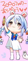Rule 34 | &gt; &lt;, 1girl, :3, :d, aged down, animal ears, arm up, blue bow, blue hair, blush, bow, braid, brown eyes, carrot hair ornament, closed eyes, closed mouth, collared dress, commentary request, crayon, don-chan (usada pekora), dress, food-themed hair ornament, hair bow, hair ornament, highres, holding, hololive, kiritoma, long hair, milestone celebration, multicolored hair, open mouth, pink background, puffy short sleeves, puffy sleeves, rabbit-shaped pupils, rabbit ears, short eyebrows, short sleeves, signature, simple background, smile, socks, solo, standing, symbol-shaped pupils, thick eyebrows, translation request, twin braids, twintails, two-tone hair, usada pekora, very long hair, virtual youtuber, white bow, white dress, white hair, white socks, xd