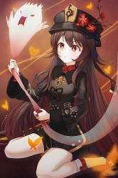 1girl black_hat black_shirt black_shoes blouse blush brown_hair brown_shirt bug butterfly chinese_clothes commentary flower full_body genshin_impact ghost hair_between_eyes hat hat_flower highres hu_tao_(genshin_impact) insect jewelry kneehighs long_hair long_sleeves looking_at_another mandarin_collar multiple_rings orange_butterfly porkpie_hat prana_(prana12) red_background red_eyes red_flower ring shirt shoes short_shorts shorts sitting socks solo star-shaped_pupils star_(symbol) symbol-shaped_pupils twintails very_long_hair wariza white_socks wide_sleeves