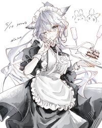 Rule 34 | &gt; &lt;, ;), ahoge, alternate costume, animal ears, apron, arknights, black dress, black necktie, breasts, cake, center frills, champagne flute, choshanland plushy (arknights), commentary, cup, dated, de 1aw, dress, drinking glass, enmaided, feet out of frame, food, frilled apron, frilled headwear, frills, grey eyes, hair between eyes, hand up, hands up, head tilt, highres, holding, holding tray, lappland (arknights), light smile, long hair, long sidelocks, maid, maid apron, maid day, maid headdress, medium breasts, necktie, one eye closed, ponytail, puffy short sleeves, puffy sleeves, scar, scar across eye, scar on face, short necktie, short sleeves, sidelocks, smile, tray, twitter username, very long hair, white apron, white background, white hair, white wrist cuffs, wolf ears, wrist cuffs