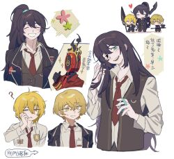 1girl 1other 2boys ? ^_^ axe badge battle_axe belt belt_buckle black_belt black_coat black_eyes black_gloves black_shirt black_vest blonde_hair blue_eyes breast_pocket buckle buttons chinese_text clock closed_eyes coat collared_shirt dante_(limbus_company) don_quixote_(project_moon) glaive_(polearm) gloves grin hair_between_eyes halftone head_tilt heart heterochromia highres holding holding_axe holding_polearm holding_weapon hong_lu_(project_moon) lance lapels limbus_company long_hair messy_hair multiple_boys necktie notched_lapels one_eye_closed open_clothes open_mouth open_vest pocket pointing pointing_at_viewer polearm project_moon purple_hair red_coat red_necktie shirt sidelocks sign simple_background sinclair_(project_moon) smile speech_bubble teeth translation_request upper_teeth_only very_long_hair vest warning_sign weapon weapon_on_back white_background white_shirt yellow_eyes yuriyaki003
