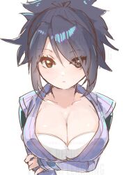 1girl arm_under_breasts black_hair breasts cleavage closed_mouth collarbone commentary_request eyes_visible_through_hair fujibayashi_sheena hand_on_own_arm japanese_clothes kimono large_breasts long_hair looking_at_viewer mametaro_(ma_me_ta_ro) ninja purple_kimono solo straight-on tales_of_(series) tales_of_symphonia upper_body white_background