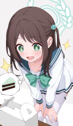 +_+ 1girl absurdres airi_(blue_archive) aqua_eyes aqua_hair aqua_sailor_collar blue_archive bra bra_peek brown_hair cake food halo highres leaning_forward long_hair long_sleeves miniskirt open_mouth pleated_skirt sailor_collar school_uniform serafuku shijima_(shijima_tc) shirt simple_background skirt solo speech_bubble spoken_object thighhighs thought_bubble two_side_up underwear white_background white_serafuku white_shirt white_skirt white_thighhighs