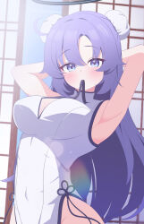 1girl absurdres armpits arms_behind_head black_ribbon blue_archive china_dress chinese_clothes double_bun dress fortysansan hair_between_eyes hair_bun highres long_hair looking_at_viewer mouth_hold purple_eyes purple_hair ribbon ribbon_in_mouth sidelocks sleeveless sleeveless_dress solo tying_hair white_dress yuuka_(blue_archive)