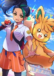 1girl :d absurdres black_pantyhose blush breast_pocket brown_eyes cloud collared_shirt commentary_request cowboy_shot dark-skinned_female dark_skin day eyelashes fingerless_gloves freckles gloves green_hair hand_up highres holding holding_poke_ball lower_teeth_only multicolored_hair necktie nemona_(pokemon) nintendo open_mouth orange_necktie orange_shorts outdoors pantyhose pawmot pocket poke_ball poke_ball_(basic) pokemon pokemon_(creature) pokemon_sv pon_yui ponytail shirt short_sleeves shorts single_glove sky smile spread_fingers streaked_hair teeth tongue two-tone_hair