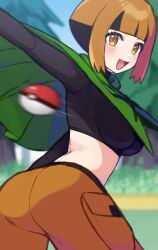 1girl ass black_hair blunt_bangs bob_cut breasts capelet cargo_shorts crop_top cropped_shirt gardenia_(pokemon) green_capelet inverted_bob long_sleeves midriff multicolored_hair nintendo open_mouth orange_eyes orange_hair orange_shorts poke_ball poke_ball_(basic) pokemon pokemon_dppt remotarou short_hair shorts smile solo two-tone_hair