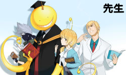 10s 1girl 3boys ^^^ alternate_eye_color ansatsu_kyoushitsu belt black_eyes black_necktie blazer blonde_hair blue_jacket blue_shirt book cigarette clenched_teeth closed_mouth collared_shirt commentary crescent crossover ear_piercing earrings ellen_baker eyebrows fingerless_gloves forehead_protector furrowed_brow gloves gradient_background great_teacher_onizuka grey_hair grin hair_ornament hair_over_shoulder hair_scrunchie hatake_kakashi highres holding holding_book jacket jewelry keiryuu_seo konohagakure_symbol koro-sensei locked_arms long_hair long_sleeves looking_at_viewer mask motion_lines multiple_boys multiple_crossover naruto naruto_(series) necktie new_horizon one_eye_covered onizuka_eikichi open_book piercing red_necktie scrunchie shadow shirt skirt smile smoke teacher teeth tentacles trait_connection upper_body white_shirt