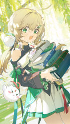 1girl absurdres bare_shoulders brown_hair coria dress fang green_eyes hair_ornament hairclip highres honkai:_star_rail honkai_(series) long_hair long_sleeves looking_at_viewer low_twintails open_mouth outdoors qingque_(honkai:_star_rail) solo sweat sweater turtleneck turtleneck_sweater twintails
