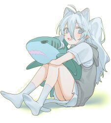 Rule 34 | 1girl, absurdres, animal ear fluff, animal ears, blue eyes, blue hair, blush, cat ears, cat girl, cat tail, fang, grey sweater, grey sweater vest, hair between eyes, hair intakes, hashtag-only commentary, highres, holding, hood, hood down, hooded sweater, kurobeko (kur0bek0), long hair, open mouth, original, panties, pantyshot, shirt, simple background, sitting, skin fang, socks, solo, stuffed animal, stuffed shark, stuffed toy, sweater, sweater vest, tail, twitter username, underwear, white panties