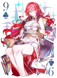 1girl absurdres bare_shoulders black_gloves breasts card closed_mouth cocoballking commentary cup dress floating_hair gloves hair_between_eyes highres himeko_(honkai:_star_rail) holding holding_cup holding_plate honkai:_star_rail honkai_(series) long_hair looking_at_viewer mole mole_on_breast nine_of_clubs plate playing_card red_hair simple_background single_glove sitting smile solo thighs white_background white_dress