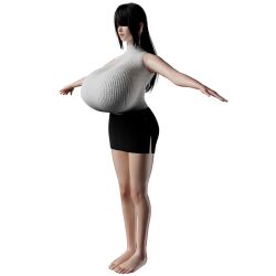 3d bare_arms bare_legs black_blindfold black_skirt blindfold blush blushing_female breasts dress full_body gigantic_breasts grey_dress huge_breasts isha_(momoyama) momoyama service_dolls simple_background skirt standing sweater tagme tight_skirt visible_ears white_background