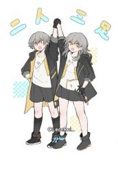 1boy 1girl aged_down animal_print arm_ribbon arm_up artist_name black_boots black_coat black_gloves black_shorts black_skirt black_socks blue_bow boots bow caelus_(honkai:_star_rail) cat_print child coat dual_persona fingerless_gloves full_body gloves grey_hair hair_between_eyes hand_on_own_hip highres holding_hands honkai:_star_rail honkai_(series) hood hooded_coat leonrui long_hair long_sleeves looking_to_the_side open_clothes open_coat open_mouth ribbon short_hair shorts sidelocks simple_background skirt socks standing stelle_(honkai:_star_rail) trailblazer_(honkai:_star_rail) two-sided_coat two-sided_fabric white_background yellow_coat yellow_eyes zipper