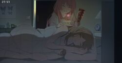 2girls bang_dream! bang_dream!_it&#039;s_mygo!!!!! blush breasts brh cake candle chihaya_anon chinese_commentary cleavage closed_eyes commentary_request food highres indoors long_hair lying multiple_girls nagasaki_soyo on_side one_eye_closed open_mouth pajamas party_popper pink_hair under_covers