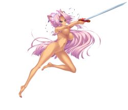 1girl absurdres barefoot blue_eyes blush breasts completely_nude facial_mark forehead_mark full_body game_cg hair_ornament hair_over_shoulder highres hikage_eiji koihime_musou large_breasts long_hair nail_polish navel nipples no_pussy nude official_art pink_hair shin_koihime_musou smile solo sonsaku_(koihime_musou) sword transparent_background warrior weapon