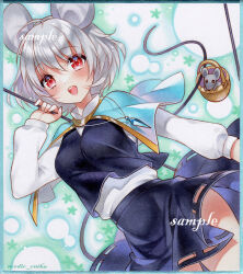 Rule 34 | 1girl, ahoge, animal ears, basket, blush, breasts, commentary request, cowboy shot, crystal, dowsing rod, dutch angle, grey hair, grey skirt, grey vest, holding, jewelry, layered clothes, long sleeves, looking at viewer, marker (medium), medium breasts, mouse (animal), mouse ears, mouse girl, mouse tail, nazrin, nordic niku, open mouth, pendant, red eyes, sample watermark, shirt, short hair, skirt, skirt set, smile, solo, tail, touhou, traditional media, vest, watermark, white shirt, wind, wind lift