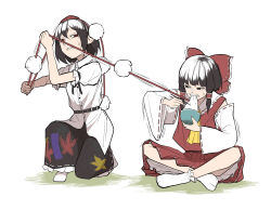 2girls ascot black_hair black_skirt bow bowl chopsticks collared_shirt detached_sleeves eating frilled_bow frilled_skirt frills hair_bow hair_tubes hakurei_reimu hat highres holding holding_bowl holding_chopsticks indian_style multiple_girls no_shoes peroponesosu. pleated_skirt pom_pom_(clothes) red_bow red_eyes red_ribbon red_shirt red_skirt ribbon ribbon-trimmed_bow ribbon-trimmed_sleeves ribbon_trim shameimaru_aya shirt short_hair short_hair_with_long_locks sidelocks sitting skirt sleeveless sleeveless_shirt socks sweatdrop tokin_hat touhou white_background white_shirt white_sleeves white_socks yellow_ascot