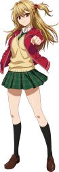 1girl amagake_yuuri anime_coloring black_socks blonde_hair breasts clenched_hand closed_mouth deatte_5-byou_de_battle floating_clothes floating_hair full_body green_necktie green_skirt hair_between_eyes hair_ornament highres jacket loafers long_hair looking_at_viewer necktie official_art open_clothes open_jacket plaid_clothes plaid_necktie plaid_skirt red_jacket school_uniform shadow shirt shoes skirt socks standing sweater_vest transparent_background vest white_shirt