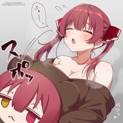 Rule 34 | 1girl, animal costume, bare shoulders, bear costume, breasts, cleavage, closed eyes, grey background, holding, hololive, houshou kumarine, houshou marine, large breasts, long hair, mascot costume, red hair, simple background, solo, torinokawori, twintails, upper body, virtual youtuber, watermark