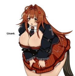 1girl 53hank absurdres ahoge borrowed_character breasts brown_hair cleavage eyelashes fat fat_woman hair_intakes hair_ornament heart heart_hair_ornament highres large_breasts long_hair looking_at_viewer nanaco_(meisharan) open_mouth original skirt smile solo thick_arms