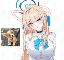 Rule 34 | 1girl, ?, black choker, blonde hair, blue archive, blue eyes, blue halo, blush, breasts, button gap, choker, cleavage, collared shirt, commentary request, covered erect nipples, face filter, hair intakes, halo, head tilt, large breasts, long eyelashes, long hair, looking at viewer, melt (melt out1), partially unbuttoned, reference photo, shirt, solo, toki (blue archive), white shirt