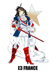 1girl 2014_fifa_world_cup absurdres english_text female_focus france highres original pantyhose simple_background solo star_(symbol) sword weapon white_background world_cup yu_yanshu