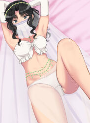 1girl amagami armpits arms_up bed_sheet belly_chain bikini black_eyes black_hair breasts bridal_lingerie bridal_veil commentary crotch_seam curly_hair earrings elbow_gloves feet_out_of_frame floating_earring frilled_bikini frills gloves groin hairband highres jewelry knee_up lingerie long_hair looking_at_viewer lying messy_hair mouth_veil navel necklace official_alternate_costume on_back parted_bangs sarong see-through_clothes see-through_sarong small_breasts solo strapless strapless_bikini swimsuit takemi_kaoru tanamachi_kaoru thighs tongue tongue_out underwear veil wavy_hair white_bikini white_gloves white_sarong