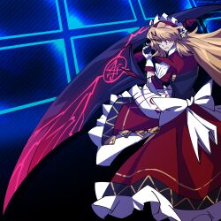 1girl absurdres alternate_costume apron blonde_hair dress frills gloves hair_ornament highres holding holding_sword holding_weapon jongk_ok long_hair maid maid_day maid_headdress puffy_short_sleeves puffy_sleeves red_dress ribbon short_sleeves solo sword touhou touhou_(pc-98) weapon white_gloves yellow_eyes yumeko_(touhou)