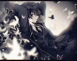 Rule 34 | 1boy, armband, black butterfly, black coat, black eyes, black hair, black pants, black suit, bug, butterfly, coat, collared shirt, dual wielding, e.g.o (project moon), formal clothes, grey armband, greyscale, gun, holding, holding gun, holding weapon, insect, limbus company, monochrome, necktie, pants, project moon, shima haruka (ruetrica), shirt, short hair, solemn lament (e.g.o), solo, suit, too many, too many butterflies, weapon, white butterfly, white shirt, yi sang (project moon)