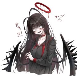 1girl antenna_hair bags_under_eyes black_hair black_serafuku black_wings blue_archive blunt_bangs blush breasts cleavage collarbone cropped_legs fingernails furrowed_brow halo highres komena_(shinyday312) large_breasts long_hair long_sleeves melting_halo nail_polish neckerchief open_mouth pleated_skirt red_halo school_uniform serafuku simple_background skirt solo straight_hair teeth translation_request tsurugi_(blue_archive) undone_neckerchief very_long_hair white_background wings