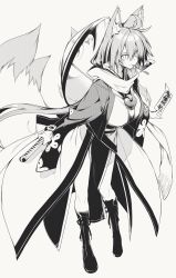 10mo 1girl ahoge animal_ear_fluff animal_ears blush boots breasts fox_ears fox_tail greyscale hair_between_eyes hat_on_back highres holding holding_sword holding_weapon japanese_clothes kimono large_breasts long_sleeves looking_at_viewer monochrome mouth_hold murasame_sukehiro_(tenka_hyakken) simple_background solo stalk_in_mouth sword tail talisman tenka_hyakken weapon white_background