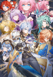 3boys 6+girls absurdres aglaea_(honkai:_star_rail) ahoge anaxa_(honkai:_star_rail) animal_ears aqua_eyes aqua_hair black_pants blonde_hair blue_eyes breasts castorice_(honkai:_star_rail) cat_ears cat_girl cipher_(honkai:_star_rail) cleavage cross-shaped_pupils cyrene_(honkai:_star_rail) dress drill_hair eyepatch green_eyes green_hair grey_hair highres honkai:_star_rail honkai_(series) hyacine_(honkai:_star_rail) infinity_symbol large_breasts lubeludlk medium_hair multicolored_hair multiple_boys multiple_girls mydei_(honkai:_star_rail) pants phainon_(honkai:_star_rail) pink_eyes red_hair short_hair symbol-shaped_pupils tribbie_(honkai:_star_rail) twin_drills two-tone_hair white_dress white_hair yellow_eyes