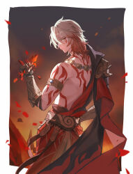1boy absurdres arm_tattoo armlet armor armored_gloves back_tattoo breaking cantt_control coat gold_necklace highres honkai:_star_rail honkai_(series) jewelry looking_at_viewer looking_back male_focus mydei_(honkai:_star_rail) necklace open_clothes open_coat orange_eyes orange_hair pauldrons red_tattoo shoulder_armor single_pauldron solo tattoo toned toned_male
