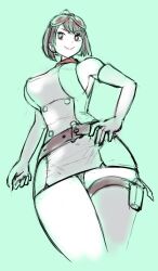 1girl belt black_eyes black_hair breasts curvy digimon digimon_story:_time_stranger dress gloves goggles goggles_on_head green_background green_dress gun gun_holster hand_on_own_hip highres mas_square matching_hair/eyes medium_breasts pencil_dress red_scarf scarf short_dress short_hair sleeveless sleeveless_dress smile thick_thighs thigh_strap thighs tight_clothes tight_dress two-tone_dress weapon white_dress white_gloves yuuki_kanan