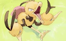 beak closed_mouth creatures_(company) dodrio game_freak gen_1_pokemon grass hashtag-only_commentary looking_at_viewer multiple_heads nintendo no_humans on_grass open_mouth pokemon pokemon_(creature) pokemon_focus running sakuraiisui solo