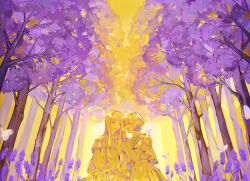 2girls absurdres bug butterfly closed_eyes commentary_request dress facing_another hand_up highres insect limited_palette long_hair long_sleeves multiple_girls open_mouth original outdoors short_hair smile sumire_(pwkx4575) tree