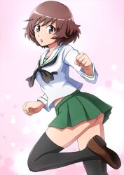 1girl akiyama_yukari black_neckerchief blouse brown_eyes brown_hair brown_shoes commentary cowboy_shot from_side girls_und_panzer green_skirt highres leg_up loafers long_sleeves looking_at_viewer messy_hair microskirt midriff_peek neckerchief omachi_(slabco) ooarai_school_uniform open_mouth pink_background pleated_skirt sailor_collar school_uniform serafuku shirt shoes short_hair skirt solo standing standing_on_one_leg white_sailor_collar white_shirt