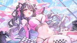 1girl ahoge alllisso arm_behind_head artist_name bare_shoulders bell black_bow black_choker black_hair bow breasts checkered_thighhighs choker cleavage cloud commission crop_top detached_sleeves dutch_angle fang hair_ribbon heart heart-shaped_pupils heart_ahoge heart_o-ring highleg highres indie_virtual_youtuber large_breasts long_hair long_sleeves midriff multicolored_hair multicolored_thighhighs navel nikkinyami_(vtuber) o-ring open_mouth panty_straps pink_eyes pink_hair pink_ribbon race_queen ribbon sitting skin_fang skindentation sky solo stomach streaked_hair symbol-shaped_pupils thighhighs two-tone_shirt unused_tire virtual_youtuber white_thighhighs
