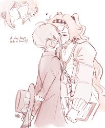 Rule 34 | 2girls, absurdres, blush, book, checkered hairband, coat, dress, ear blush, english text, hair bun, hairband, hat, highres, holding, holding book, holding unworn clothes, holding unworn hat, kiss, long sleeves, monochrome, multiple girls, murmew, reverse:1999, single side bun, sonetto (reverse:1999), two side up, unworn hat, unworn headwear, vertin (reverse:1999), yuri