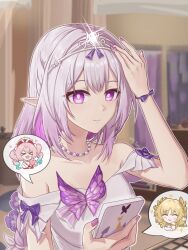 3girls aglaea_(honkai:_star_rail) artist_name bare_shoulders bug butterfly castorice_(honkai:_star_rail) castorice_(star_rail_live_2025)_(honkai:_star_rail) highres holding holding_phone honkai:_star_rail honkai_(series) hyacine_(honkai:_star_rail) insect jewelry jiuleyan multiple_girls necklace official_alternate_costume phone pointy_ears purple_butterfly purple_eyes purple_hair purple_nails smile tiara