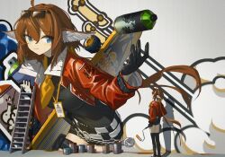 1girl aciddrop_(arknights) animal_ears arknights black_shirt black_shorts black_thighhighs blue_eyes breasts brown_hair chinese_commentary commentary_request cropped_jacket eyewear_on_head graffiti hands_on_own_hips id_card jacket ladder lanzi_(415460661) long_hair looking_up medium_breasts owl_ears paint_can paint_roller red_jacket shirt shorts sidelocks skateboard smile solo spray_can sunglasses thighhighs very_long_hair