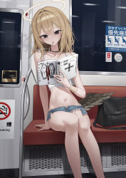 1girl absurdres angel bags_under_eyes black_bag black_eyes black_wings blonde_hair blue_shorts book camisole cigarette commentary_request crop_top denim denim_shorts fallen_angel feathered_wings halo highres holding holding_book long_hair low_wings mansu_(user_pnmp4287) micro_shorts navel no_smoking original shorts single_wing sitting smoke smoking solo stomach train_interior white_camisole wings