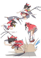 1girl ascot bent_over black_eyes black_hair bow commentary_request detached_sleeves flying_kick frilled_bow frills full_body gohei gyouza_(mhea5724) hair_bow hakurei_reimu highres holding holding_gohei kicking kneehighs long_hair motion_lines multiple_views red_bow red_shirt red_shoes ribbon-trimmed_sleeves ribbon_trim running shirt shoes simple_background sleeveless sleeveless_shirt socks touhou white_background white_sleeves white_socks yellow_ascot