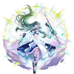 1girl adapted_costume aqua_eyes blue_skirt closed_mouth commentary_request detached_sleeves frog_hair_ornament game_cg gohei green_hair hair_ornament hair_tubes highres holding holding_gohei kochiya_sanae long_hair looking_at_viewer midriff navel official_art pentagram platform_sandals ribbon-trimmed_sleeves ribbon_trim sandals single_hair_tube skirt snake_hair_ornament socks solo third-party_source touhou touhou_gensou_eclipse transparent_background u_u_zan very_long_hair white_socks wide_sleeves