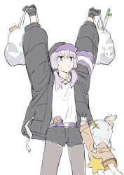 2girls a.i._voice age_difference arms_up bag baseball_cap black_gloves black_jacket black_shorts braid brown_pantyhose child coat coin_purse down_jacket feet_out_of_frame gloves grey_hair groceries hat height_difference highres hitogome holding holding_bag jacket jitome jumping keep-away kizuna_akari kizuna_akari_(moe) long_hair long_sleeves low_twin_braids multiple_girls orange_coat pantyhose plastic_bag purple_eyes purple_hair reaching shirt short_hair_with_long_locks shorts sidelocks simple_background spring_onion standing twin_braids v-shaped_eyebrows voiceroid white_background white_shirt yuzuki_yukari yuzuki_yukari_(nagi)