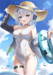 1girl :d adjusting_clothes adjusting_headwear aqua_eyes bare_shoulders bikini black_sweater blue_hair blue_ribbon blue_sky breasts brown_hat cloud cloudy_sky cowboy_shot hair_ribbon hat highres innertube large_breasts looking_at_viewer medium_hair off-shoulder_sweater off_shoulder open_mouth ribbon sky smile sola_num_5130 solo sunlight sweater swim_ring swimsuit two-tone_sweater umi_(vrchat) vrchat wading white_bikini white_hair white_sweater